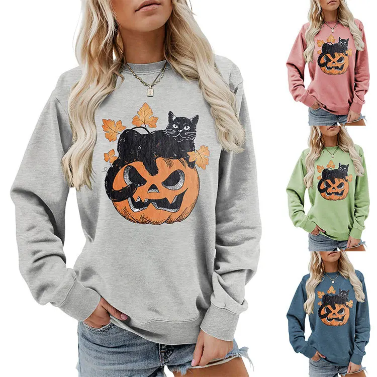 Autumn women's hoodie black cat pumpkin print top fashion crew-neck long-sleeved hoodie loose casual jumper all match women's ho
Autumn women's hoodie black cat pumpkin print top fashion crew-neck long-sleeved hoodie loose casual jumper all match women's ho