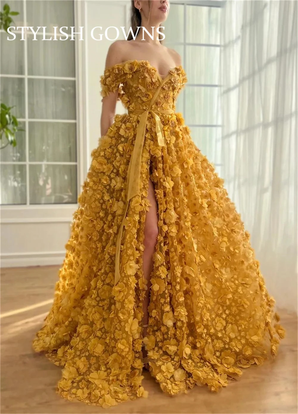 Customized Yellow Off Shoulder 3D Flower Evening Dresses A-Line Side High Split vestidos de noche Floor-Length Wedding فستان ورد
Customized Yellow Off Shoulder 3D Flower Evening Dresses A-Line Side High Split vestidos de noche Floor-Length Wedding فستان ورد
