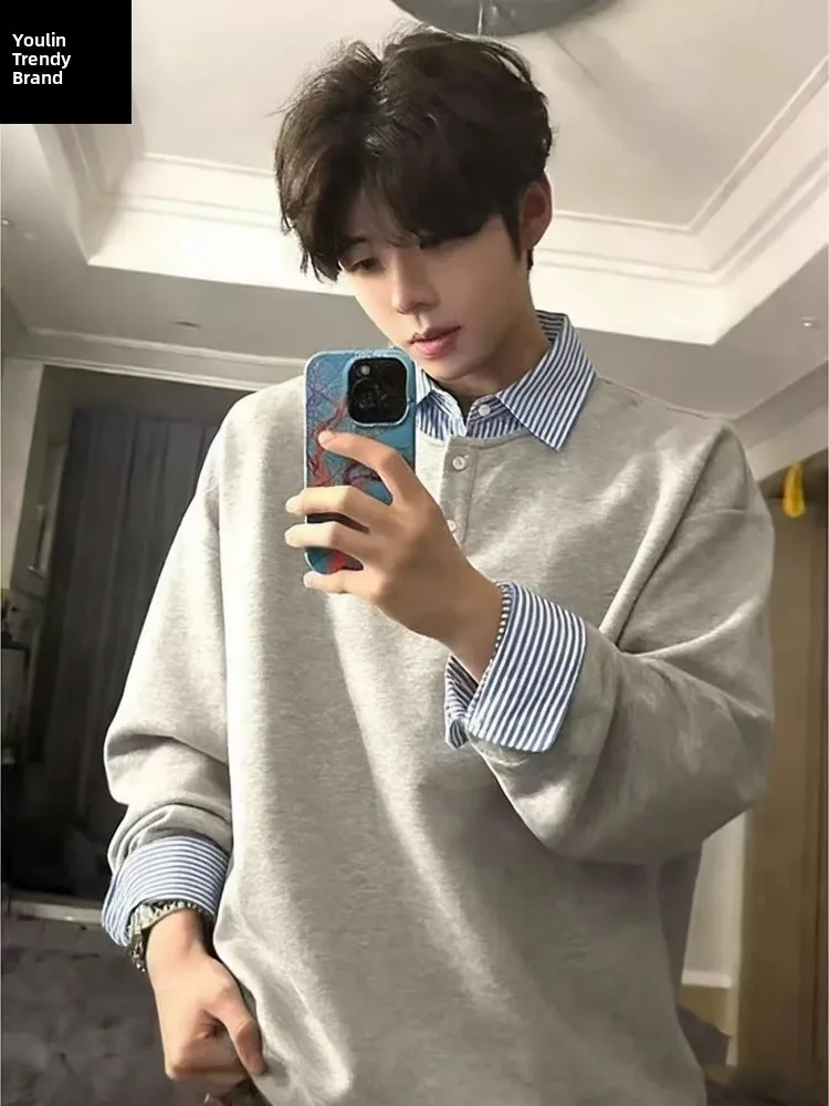 Gray Shirt Collar Sweatshirt Men's Winter American Style Long Sleeve Shirt College Style Inner Wear Top Loose Fit Polyes...
Gray Shirt Collar Sweatshirt Men's Winter American Style Long Sleeve Shirt College Style Inner Wear Top Loose Fit Polyes...