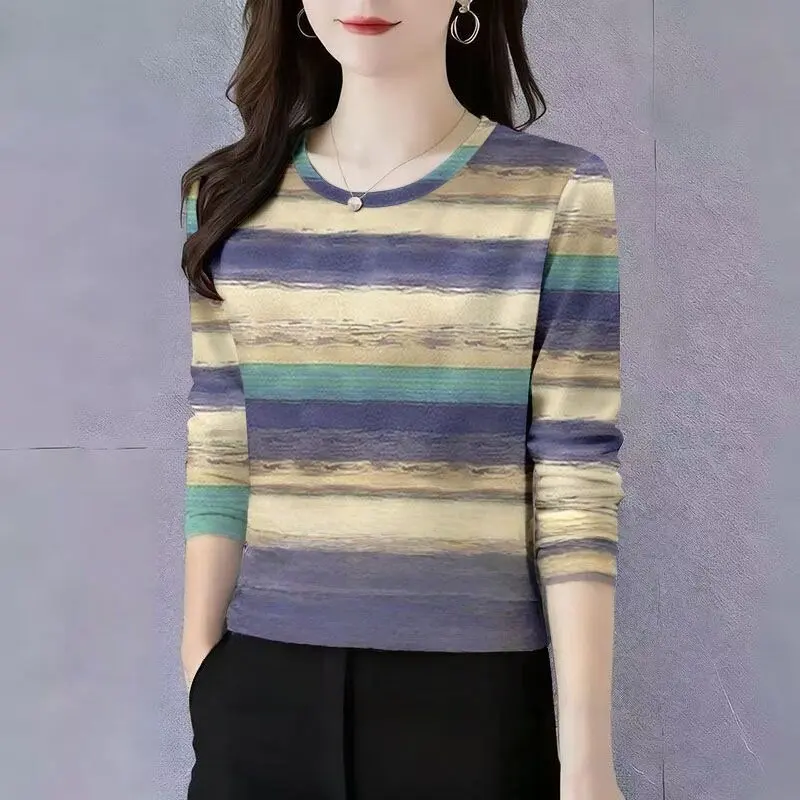 Slimming Stripe Long Sleeve round Neck T-Shirt Women's Loose Fit Casual Top Polyester Fiber Wear Resistant Printed Summer
Slimming Stripe Long Sleeve round Neck T-Shirt Women's Loose Fit Casual Top Polyester Fiber Wear Resistant Printed Summer