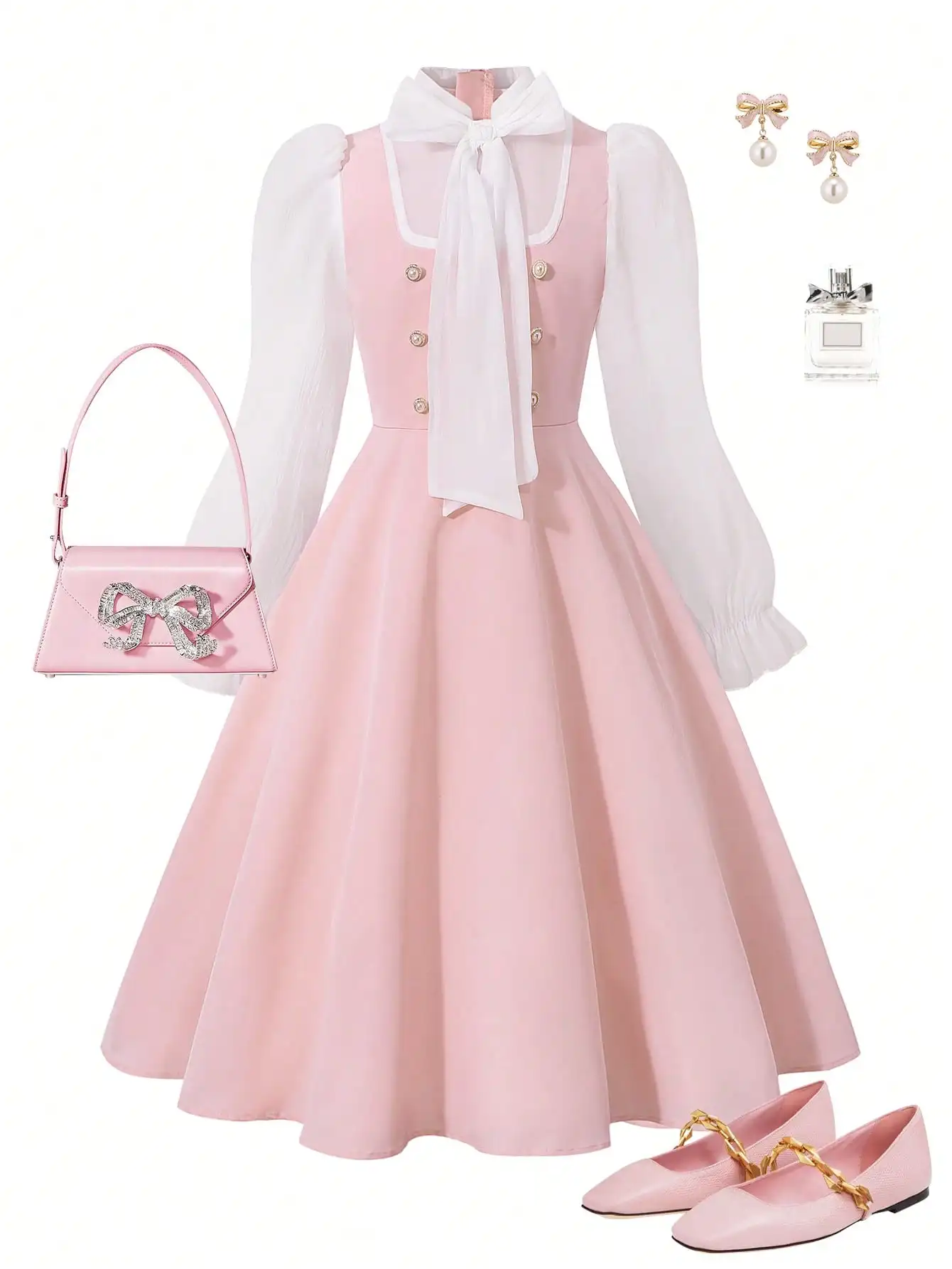 Розовое платье А-силуэта с прозрачными пышными рукавами, бантом на воротнике и золотыми пуговицами
Розовое платье А-силуэта с прозрачными пышными рукавами, бантом на воротнике и золотыми пуговицами