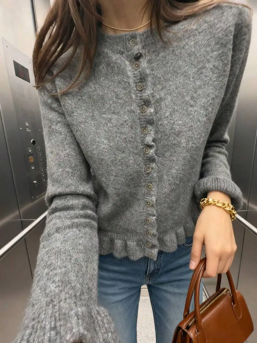 Elegant Round Neck Ruffle Pleated Knit Cardigan, Casual Autumn Winter Solid Gray
Elegant Round Neck Ruffle Pleated Knit Cardigan, Casual Autumn Winter Solid Gray