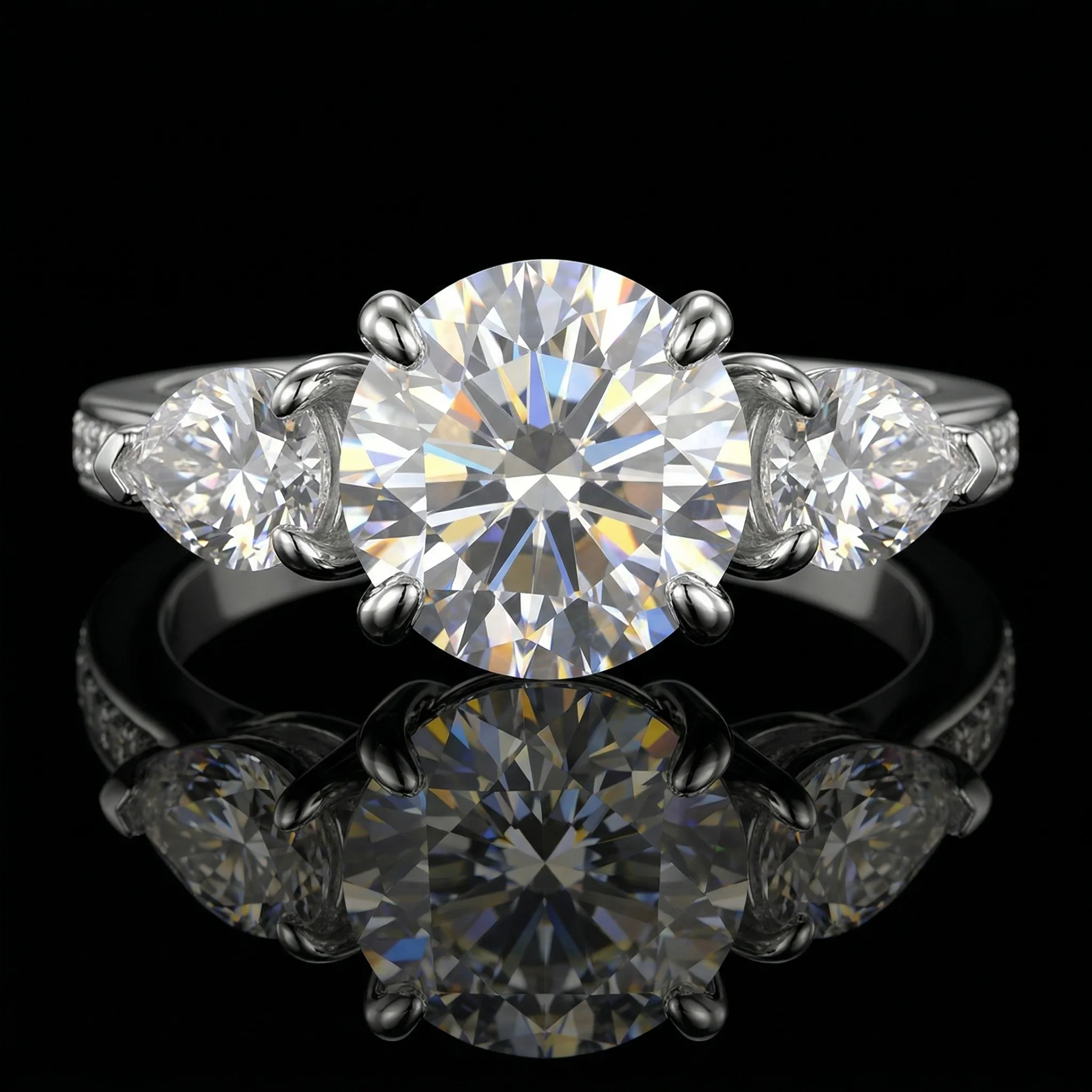 Three Stone Moissanite Ring, 925 Silver, D Color VVS1, 2ct Pear Side Stones Engagement Ring, Women's, w/ Cert
Three Stone Moissanite Ring, 925 Silver, D Color VVS1, 2ct Pear Side Stones Engagement Ring, Women's, w/ Cert