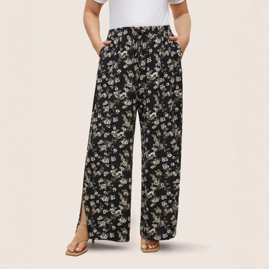 Новые удобные и повседневные свободные брюки с цветочным принтом на шнуровке и разрезом по подолу, широкие брюки, длинные брюки 
Новые удобные и повседневные свободные брюки с цветочным принтом на шнуровке и разрезом по подолу, широкие брюки, длинные брюки