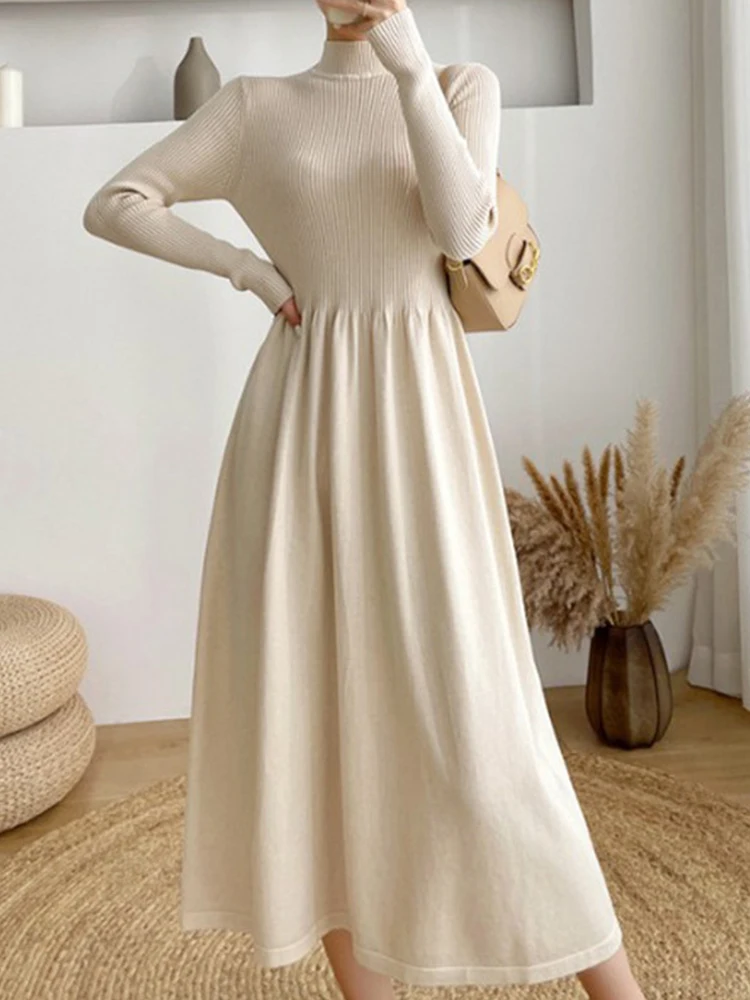 Knitted Long Dress Women Winter Elegant Long Sleeve Sweater Dress Ladies Korean Fashion Half High Collar Solid Pleated Dress
Knitted Long Dress Women Winter Elegant Long Sleeve Sweater Dress Ladies Korean Fashion Half High Collar Solid Pleated Dress