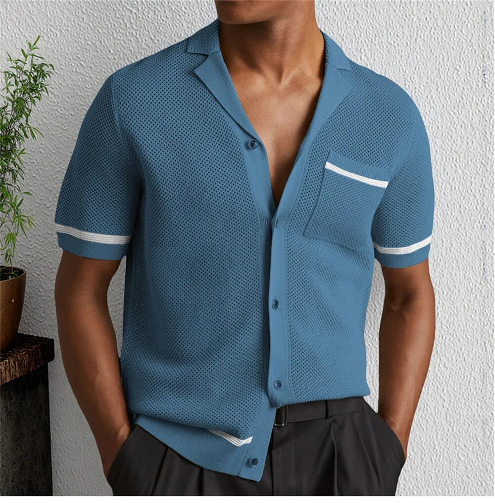 Summer and Autumn Simple European and American Sexy Hollow Cuban Neck Short Sleeve Knitted Shirt for Men
Summer and Autumn Simple European and American Sexy Hollow Cuban Neck Short Sleeve Knitted Shirt for Men