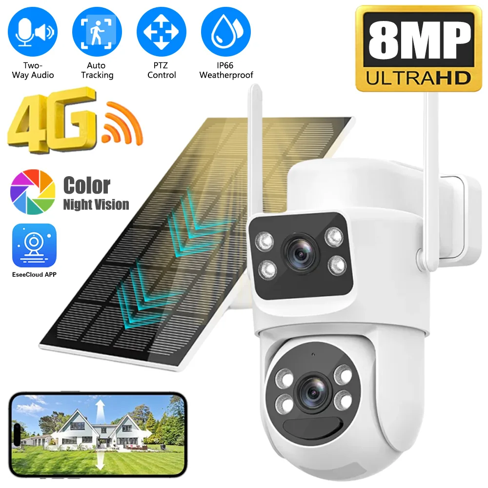 4K 4G Sim Card Camera Dual Lens Screen Outdoor Built-in Battery PTZ Security Camera 8MP Solar Powered Auto Tracking EseeCloud
4K 4G Sim Card Camera Dual Lens Screen Outdoor Built-in Battery PTZ Security Camera 8MP Solar Powered Auto Tracking EseeCloud