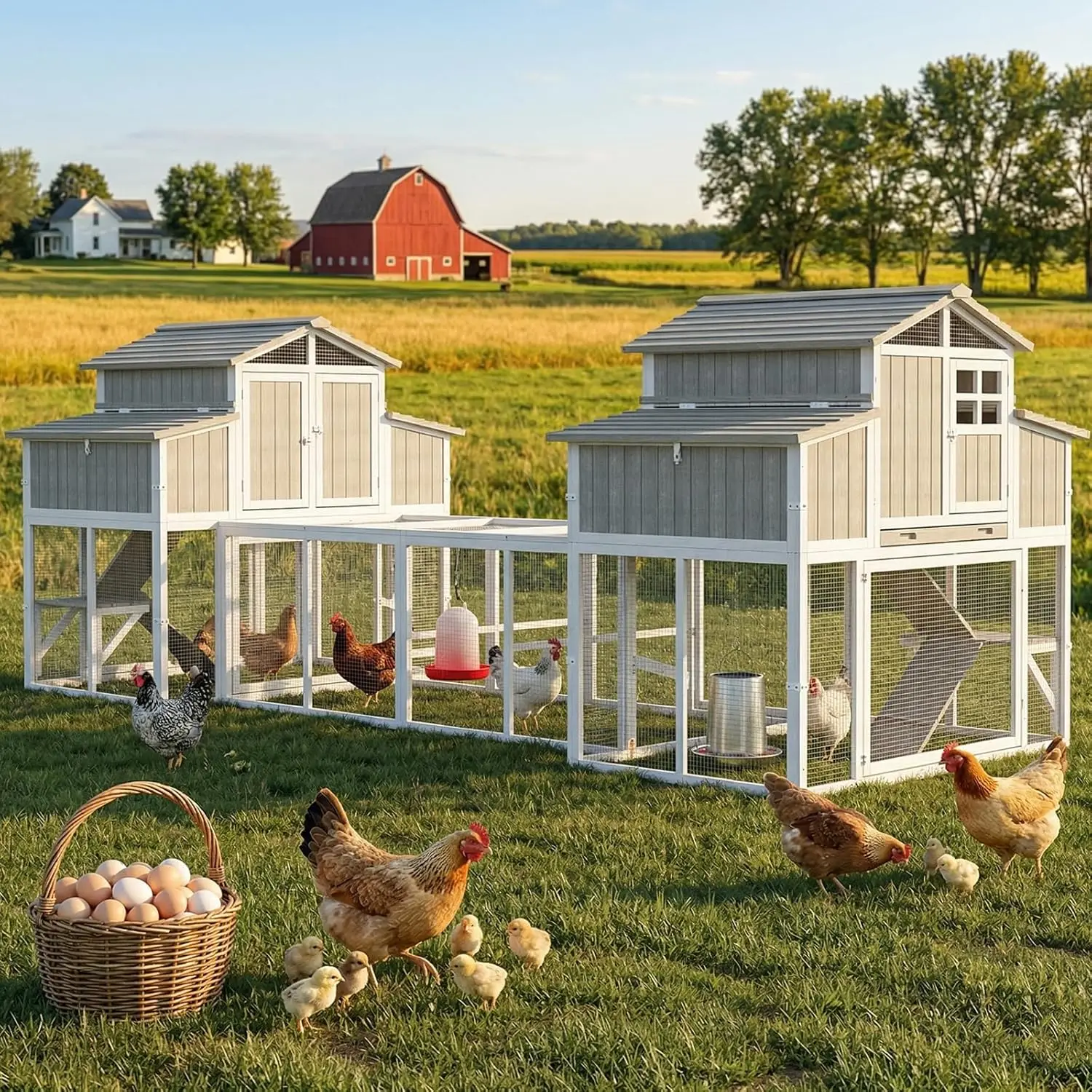 XL Connected Chicken Coop Run 6-10 Hens Dual Wooden Houses 2-Tier Nesting Box Pull Tray Frame, Custom
XL Connected Chicken Coop Run 6-10 Hens Dual Wooden Houses 2-Tier Nesting Box Pull Tray Frame, Custom