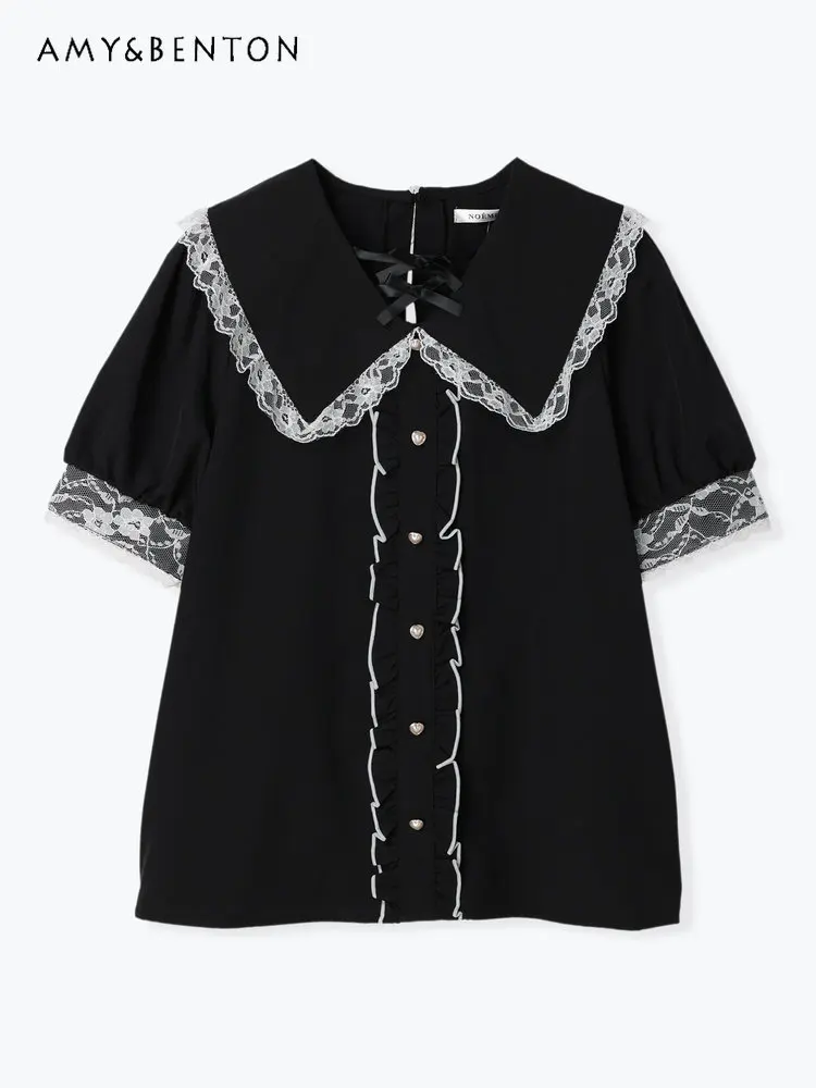 Original Lace Ruffled Single-Breasted Short Sleeve Shirt Women's Summer New Cute Lolita Bow Cute Sweet Japanese Mine Blouses Top
Original Lace Ruffled Single-Breasted Short Sleeve Shirt Women's Summer New Cute Lolita Bow Cute Sweet Japanese Mine Blouses Top