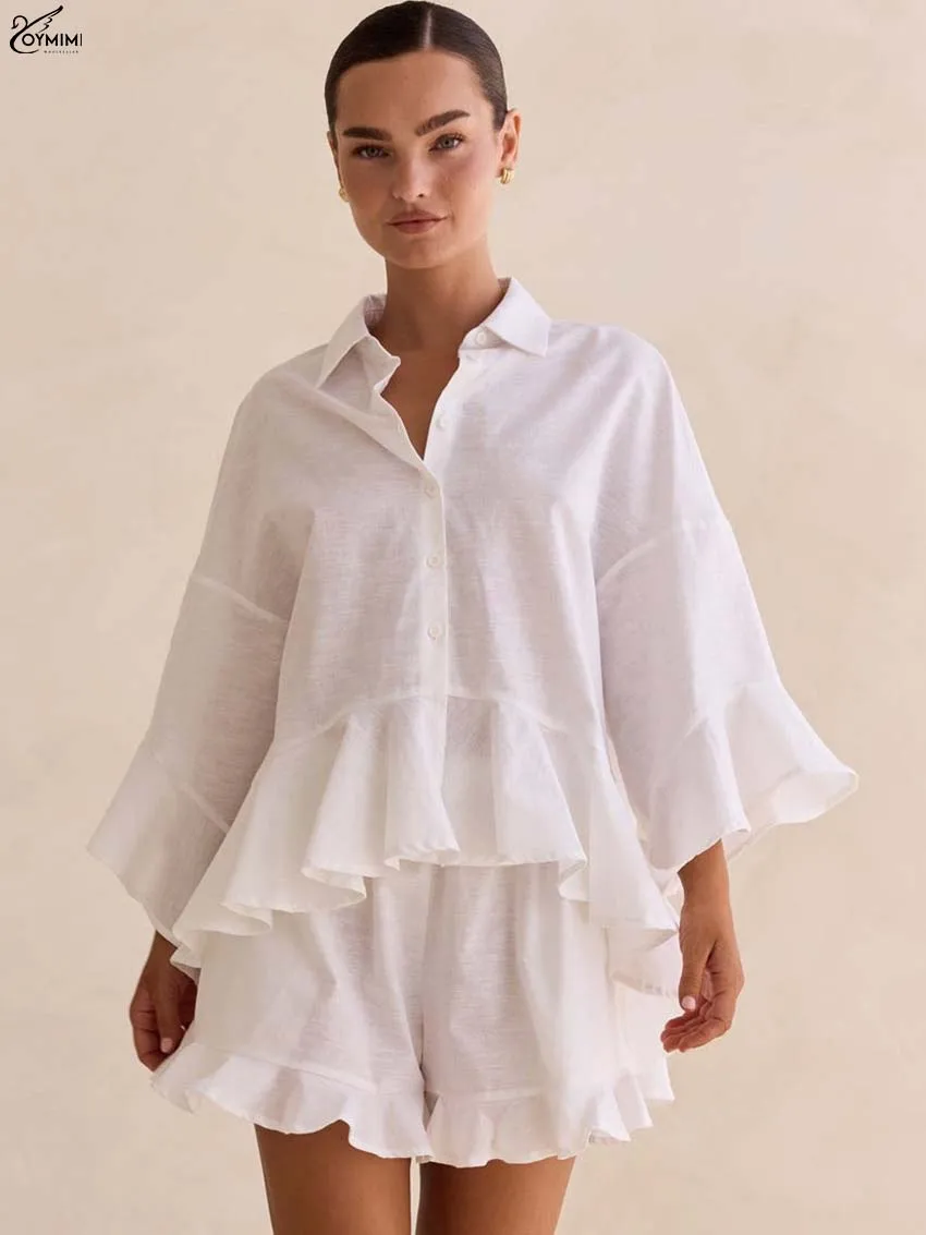 Oymimi Fashion White Cotton 2 Piece Sets Woman Outfits Elegant Puff Sleeve Ruffled Loose Blouses + High Waist Pockets Shorts Set
Oymimi Fashion White Cotton 2 Piece Sets Woman Outfits Elegant Puff Sleeve Ruffled Loose Blouses + High Waist Pockets Shorts Set