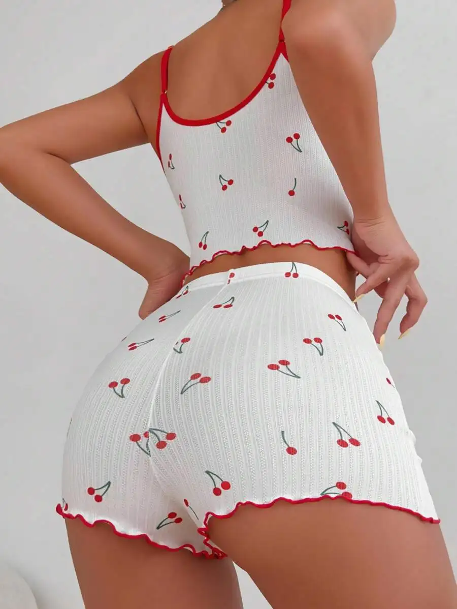 Cherry Print Lettuce Trim Cami Top And Shorts Pajama Set White
Cherry Print Lettuce Trim Cami Top And Shorts Pajama Set White