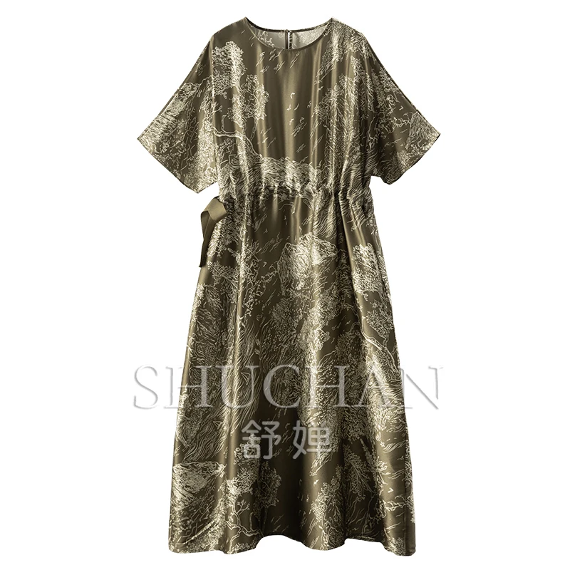Loose Lace-up Dress Women French Light Luxury Natural Silk Satin Printing Round Neck Waist Dresses 50A1
Loose Lace-up Dress Women French Light Luxury Natural Silk Satin Printing Round Neck Waist Dresses 50A1