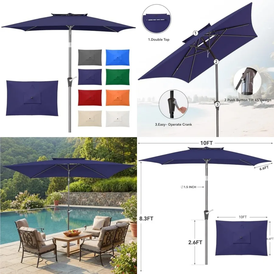 6.6 x 10 Feet Rectangular Patio Umbrella, Outdoor Market Table Umbrella with Push Button Tilt and Crank, Double-Tier Vent, 6 Ri
6.6 x 10 Feet Rectangular Patio Umbrella, Outdoor Market Table Umbrella with Push Button Tilt and Crank, Double-Tier Vent, 6 Ri