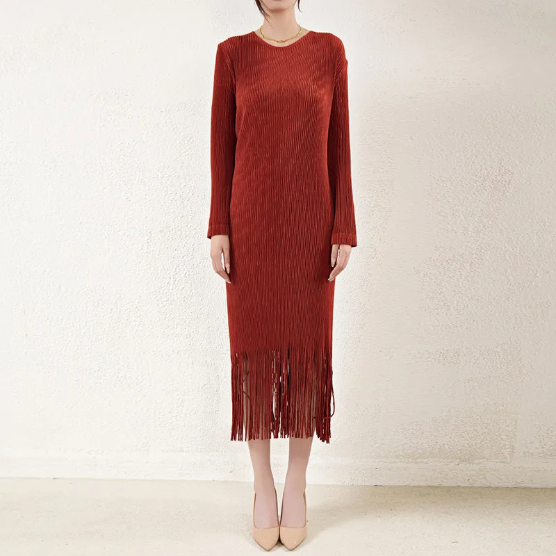 Women Dress Stretch Miyake Pleated Spring And Autumn Round Neck Long Sleeved Loose Casual Solid Color Tassels Dresses
Women Dress Stretch Miyake Pleated Spring And Autumn Round Neck Long Sleeved Loose Casual Solid Color Tassels Dresses