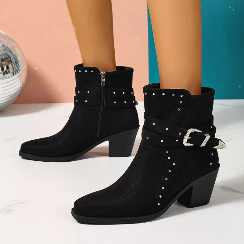 Studded Metal Buckle Block Heel Booties Fashion Pointed Toe Side Zipper Soft Sole Cotton Shoes
Studded Metal Buckle Block Heel Booties Fashion Pointed Toe Side Zipper Soft Sole Cotton Shoes