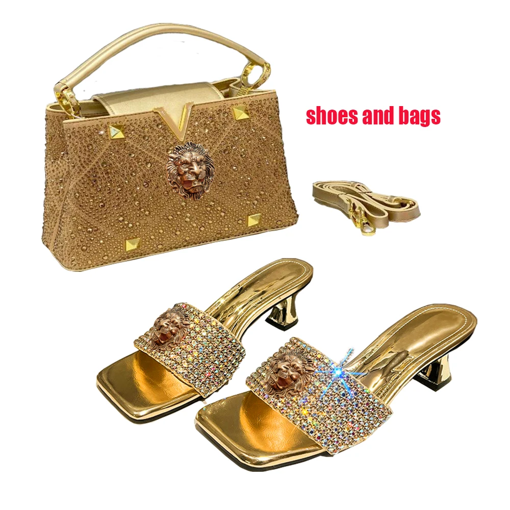 High-end diamond women's slippers, golden shoulder bag hollowed-out lion cooling slippers, rhinestone slippers chain bag set B9
High-end diamond women's slippers, golden shoulder bag hollowed-out lion cooling slippers, rhinestone slippers chain bag set B9