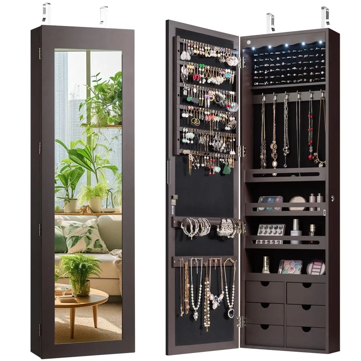 Wall Door Mounted Jewelry Cabinet with Mirror Lockable LED Lights 47.5" 6 Drawers Storage Organizer Espresso Customized
Wall Door Mounted Jewelry Cabinet with Mirror Lockable LED Lights 47.5" 6 Drawers Storage Organizer Espresso Customized