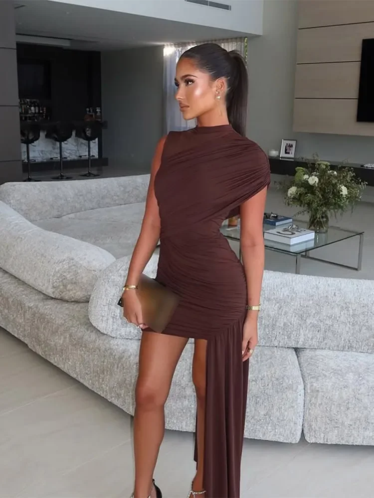 Elegant Solid Irregular Pleated Dress For Women Fashion O-neck Single Shoulder Skinny High Waist Vestido Female Chic Party Robes
Elegant Solid Irregular Pleated Dress For Women Fashion O-neck Single Shoulder Skinny High Waist Vestido Female Chic Party Robes