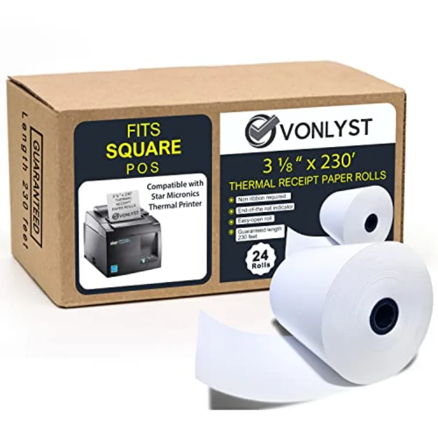 Receipt Paper Roll 3 1/8 x 230 for Square Register and Square POS System connected to Star Micronics Thermal Printer
Receipt Paper Roll 3 1/8 x 230 for Square Register and Square POS System connected to Star Micronics Thermal Printer