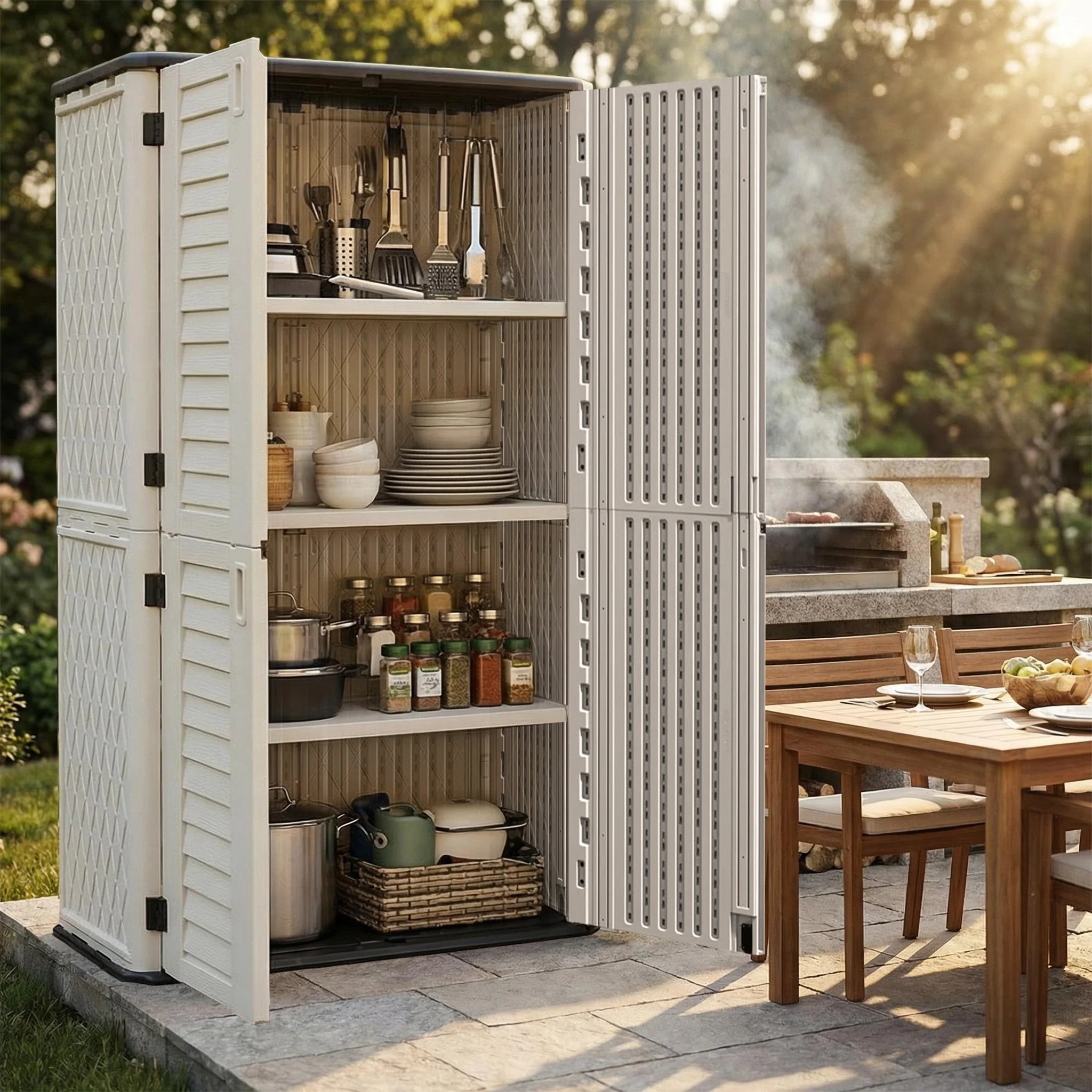 Outdoor Storage Cabinet, Premium HDPE Waterproof Resin Deck Box with Floor Panel, Reinforced Corners. Weather-resistant & Sturdy for Patio/Garden/Backyard/Garage Organization, 79x50x29in(White)
Outdoor Storage Cabinet, Premium HDPE Waterproof Resin Deck Box with Floor Panel, Reinforced Corners. Weather-resistant & Sturdy for Patio/Garden/Backyard/Garage Organization, 79x50x29in(White)