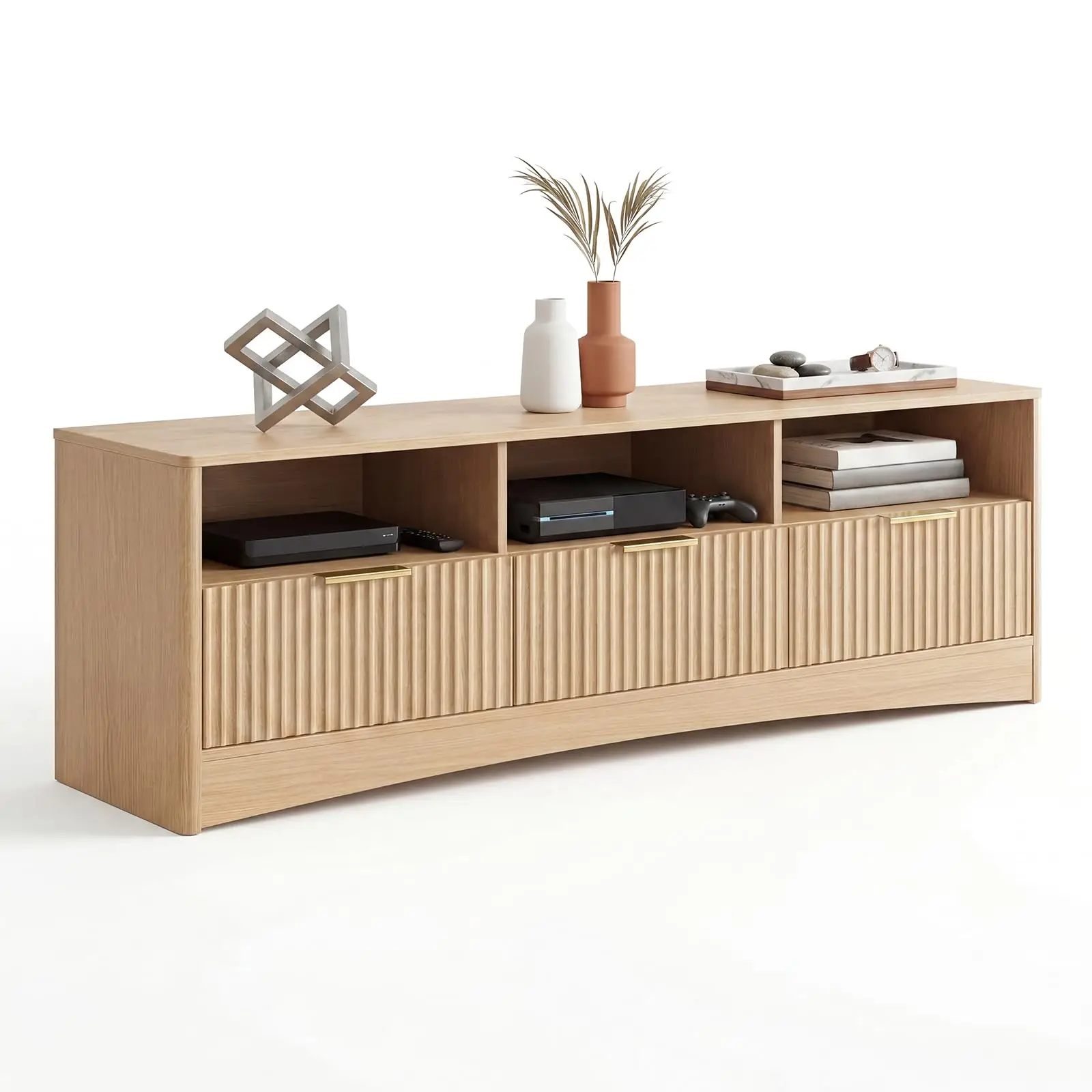 59 Inch Wide TV Stand For Up To 65 Inch TVs Modern Fluted Entertainment Center With 3 Drawers Open Shelves Natural Oak
59 Inch Wide TV Stand For Up To 65 Inch TVs Modern Fluted Entertainment Center With 3 Drawers Open Shelves Natural Oak