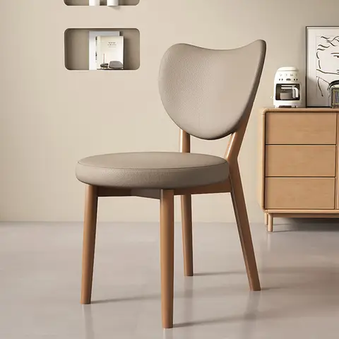 Retro Wood Dining Chair with Curved Backrest Comfort Soft Leather Seat Dinner Chair for Kitchen Modern Simple Cafe Table Chairs