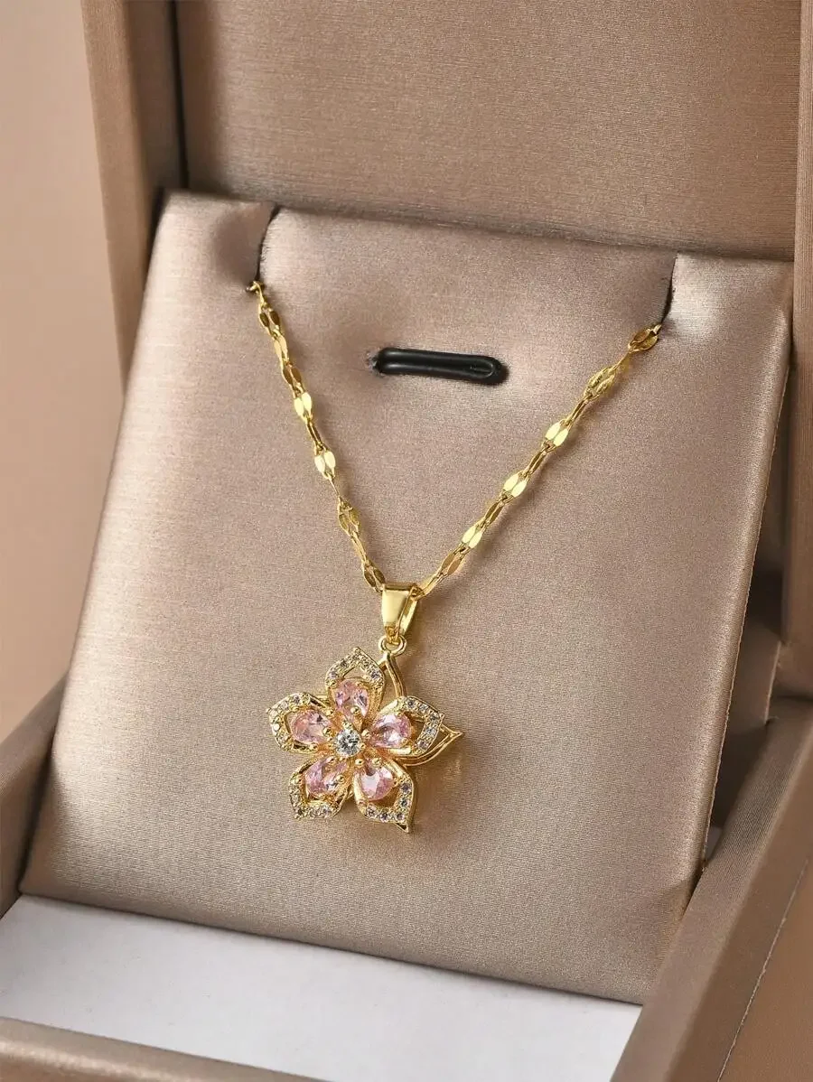 Gold-Tone 5-Petal Flower Pendant Necklace with Pink Crystals for Women
Gold-Tone 5-Petal Flower Pendant Necklace with Pink Crystals for Women