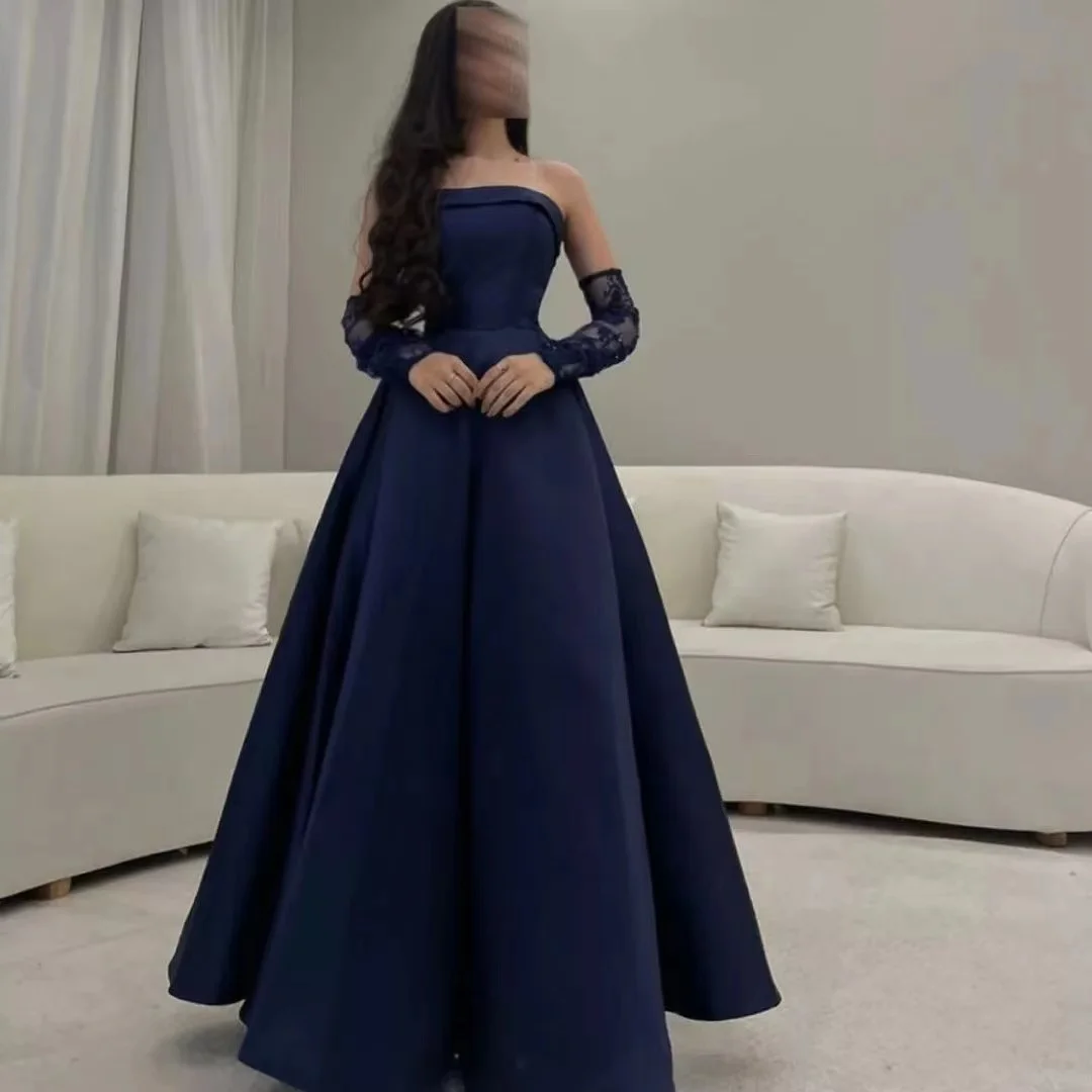 Navy Blue Satin A Line Prom Dresses Strapless Zipper Back Special Party Women Wear for Evening with Detachable Sleeves Robe Des
Navy Blue Satin A Line Prom Dresses Strapless Zipper Back Special Party Women Wear for Evening with Detachable Sleeves Robe Des