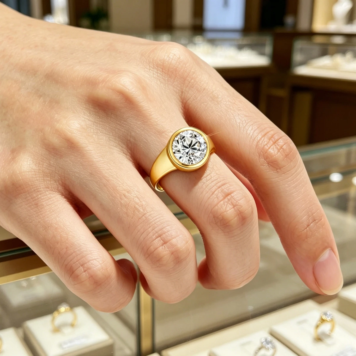 Plated 18K Gold Bezel Set 5CT Round Cut Moissanite Ring 925 Sterling Silver Wedding Engagement Jewelry Gift for Women Man
Plated 18K Gold Bezel Set 5CT Round Cut Moissanite Ring 925 Sterling Silver Wedding Engagement Jewelry Gift for Women Man