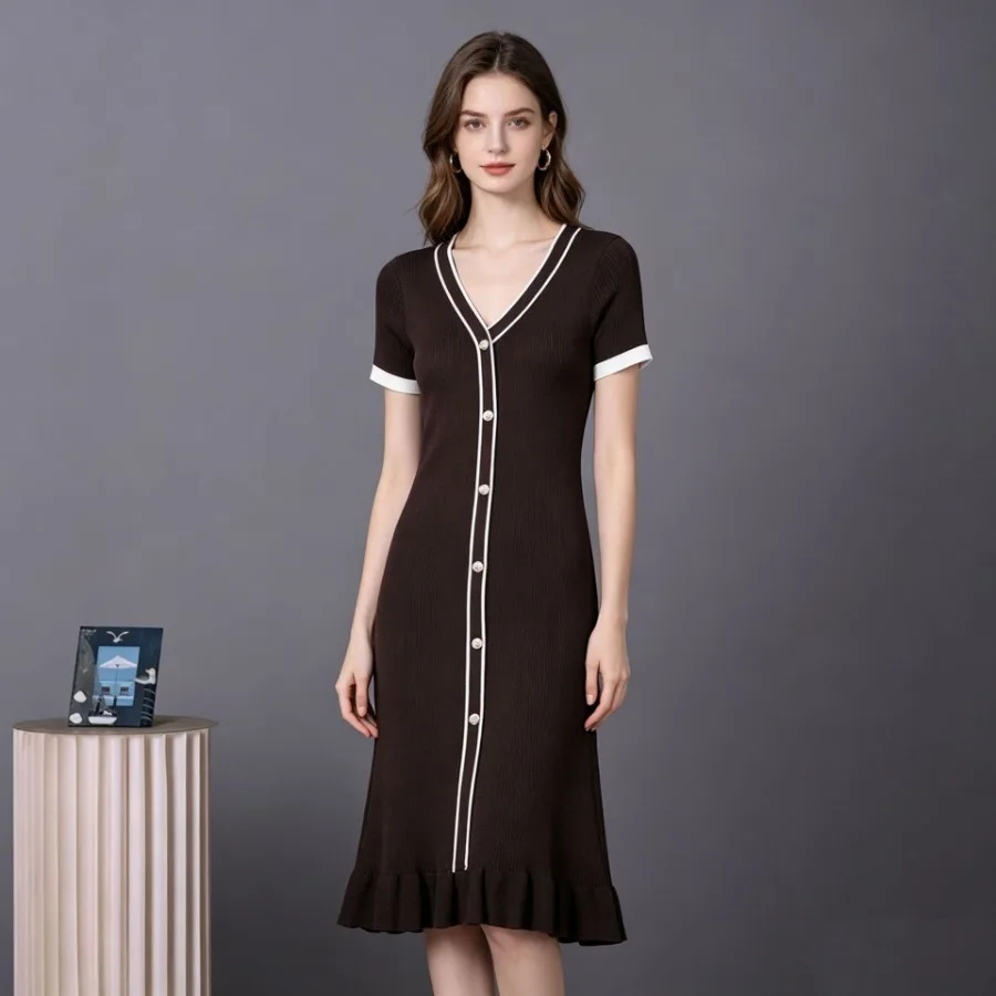 【New style】Celebrity temperament V-neck long-sleeved single-breasted waist knitted dress women's autumn sweater slim ruffled sk
【New style】Celebrity temperament V-neck long-sleeved single-breasted waist knitted dress women's autumn sweater slim ruffled sk