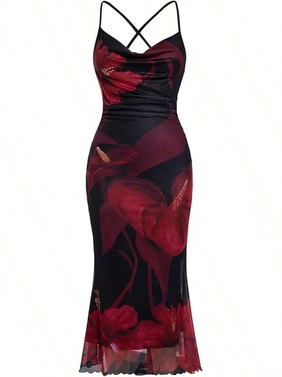 Women Floral Mesh Bodycon Cami Dress Cowl Neck Spaghetti Strap Long Maxi Dress
Women Floral Mesh Bodycon Cami Dress Cowl Neck Spaghetti Strap Long Maxi Dress