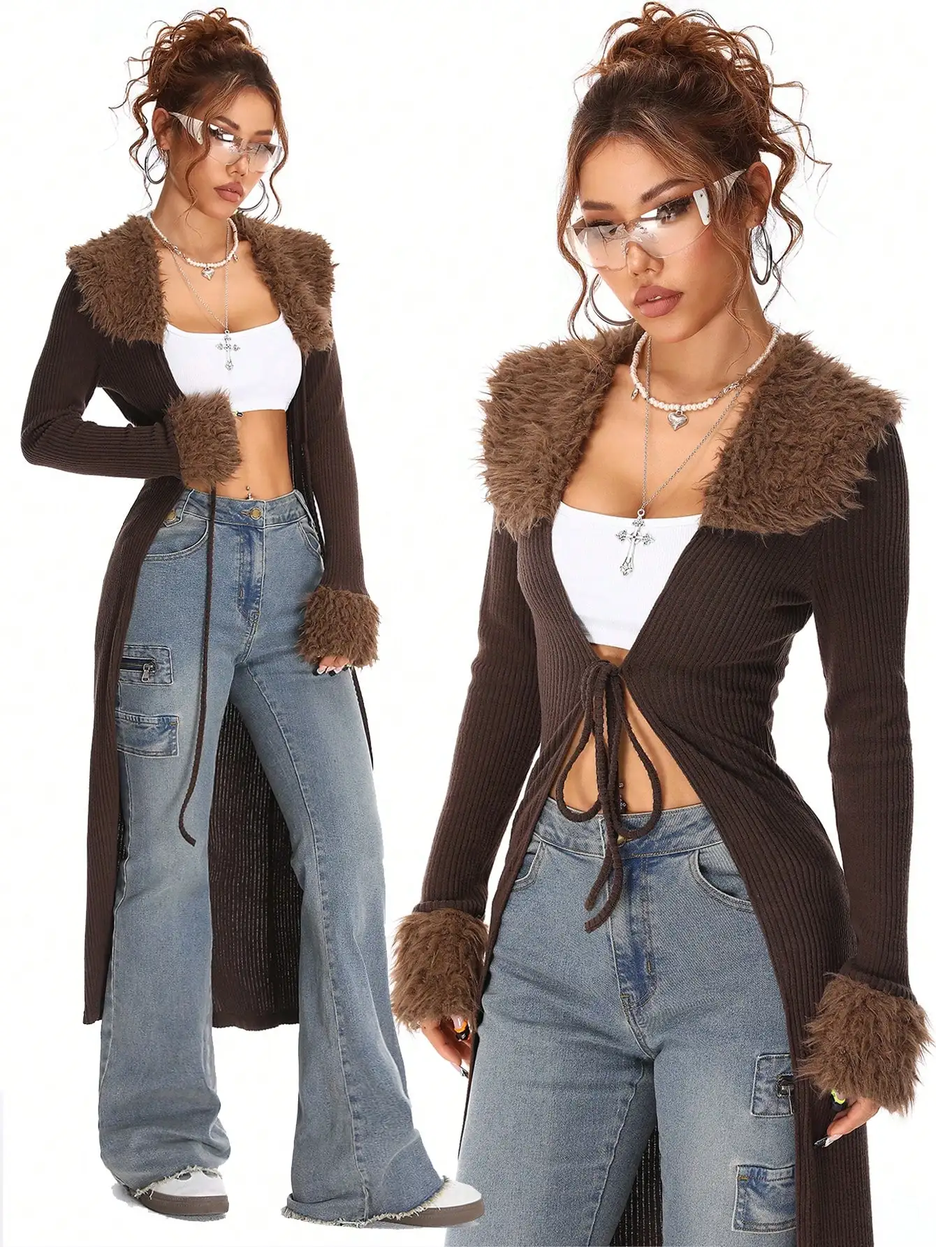 Women's Y2K Brown Ribbed Long Cardigan with Faux Fur Collar & Cuffs, Lace-Up Front, Fall Winter Casual Style
Women's Y2K Brown Ribbed Long Cardigan with Faux Fur Collar & Cuffs, Lace-Up Front, Fall Winter Casual Style