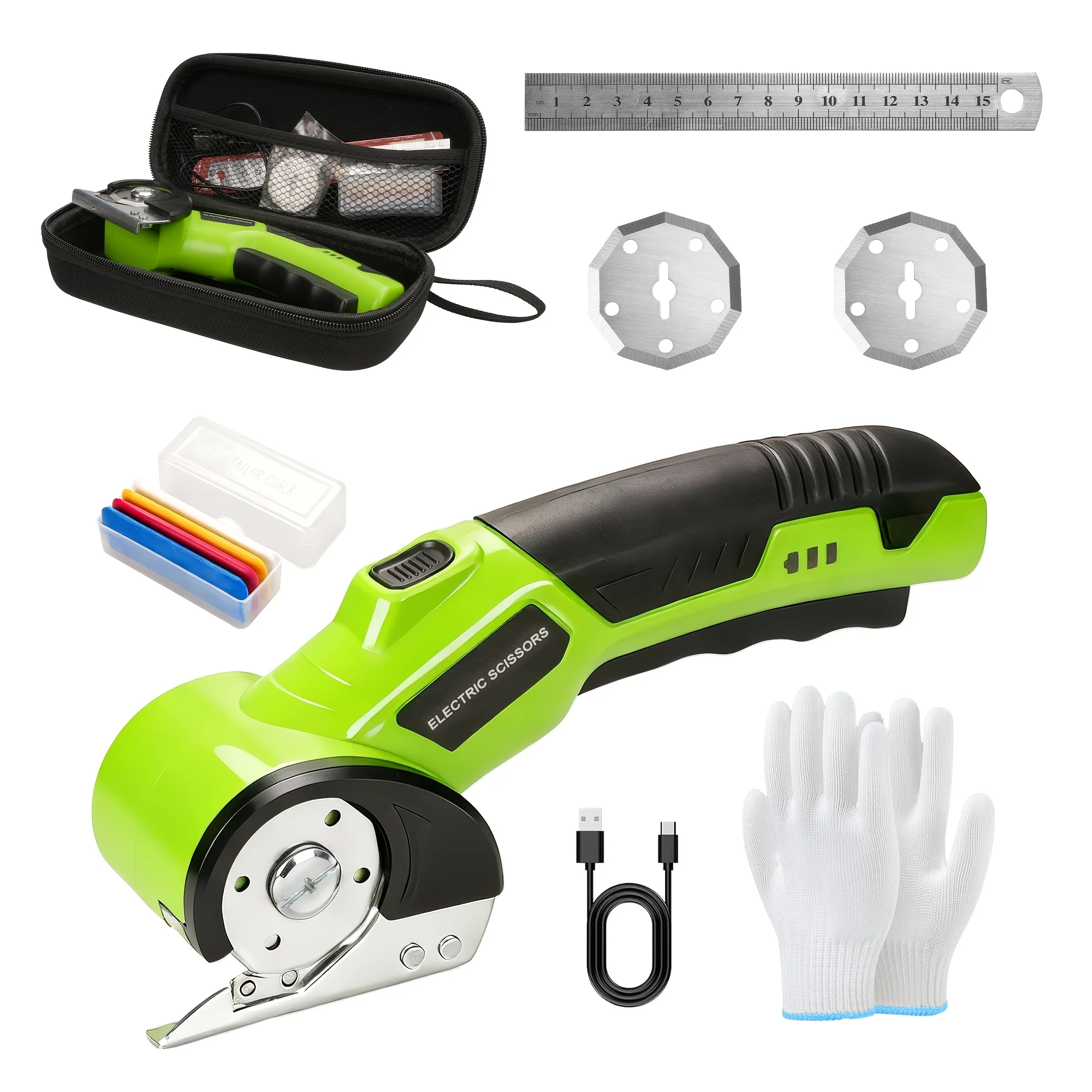 Cordless Electric Scissors, Brushless Motor, Professional Fabric Cutting Kit, with 3 Sharp Blades, Steel Ruler, Fabric Marking Pen, Storage Case, 11 Mm Max Cutting Thickness, Delivers Smooth And Even Cuts, Easy for Effortless Single-Handed Operation
Cordless Electric Scissors, Brushless Motor, Professional Fabric Cutting Kit, with 3 Sharp Blades, Steel Ruler, Fabric Marking Pen, Storage Case, 11 Mm Max Cutting Thickness, Delivers Smooth And Even Cuts, Easy for Effortless Single-Handed Operation
