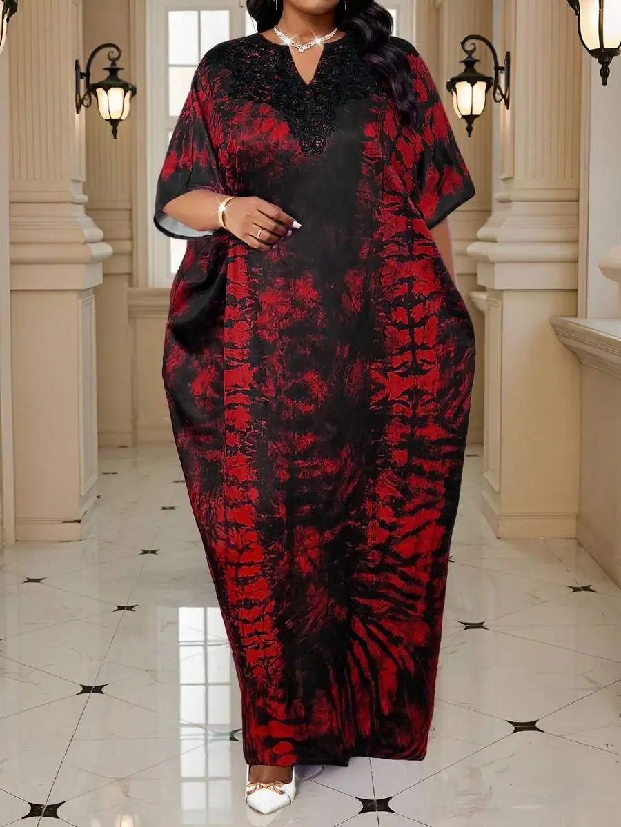 Elegant Red Black Print Maxi Dress With Lace Collar Plus Size Robe Dress For Women
Elegant Red Black Print Maxi Dress With Lace Collar Plus Size Robe Dress For Women
