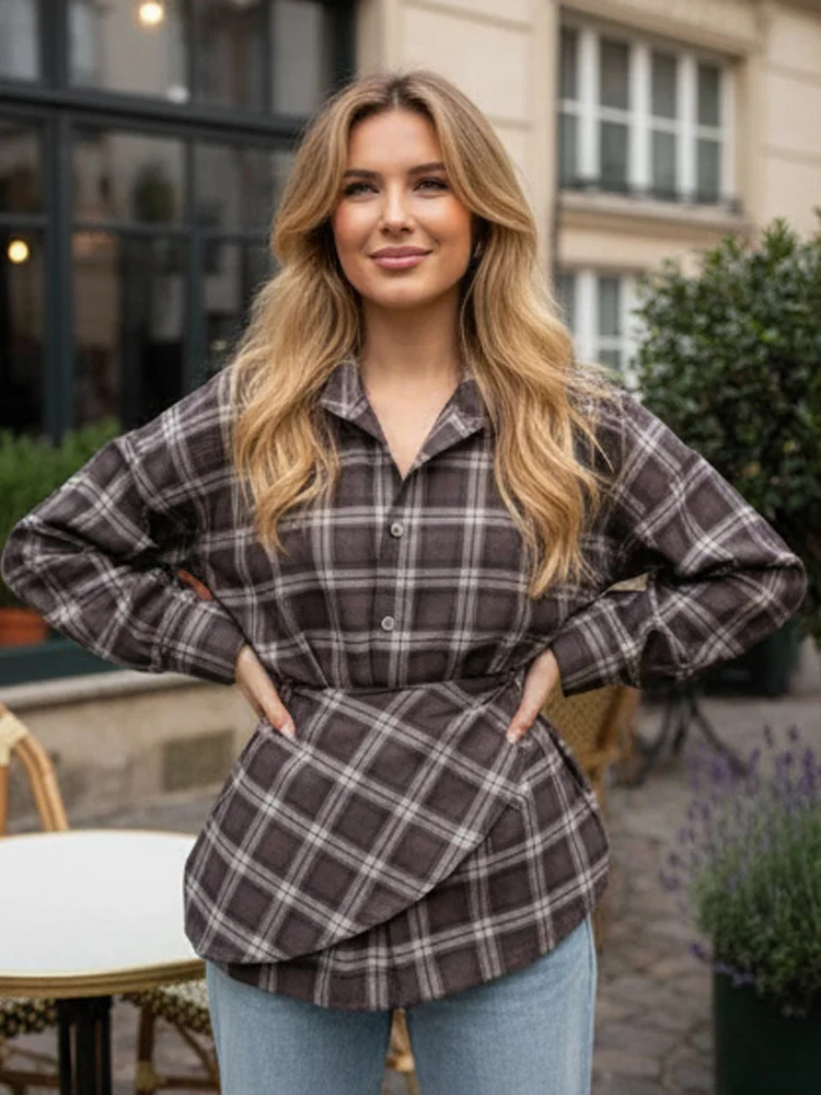 Vintage Women's Sandblasted Checkered Shirt Full Sleeve Chic Lapel A-line Hem Loose Shirts 2026 New Spring Lady Daily Blouses
Vintage Women's Sandblasted Checkered Shirt Full Sleeve Chic Lapel A-line Hem Loose Shirts 2026 New Spring Lady Daily Blouses