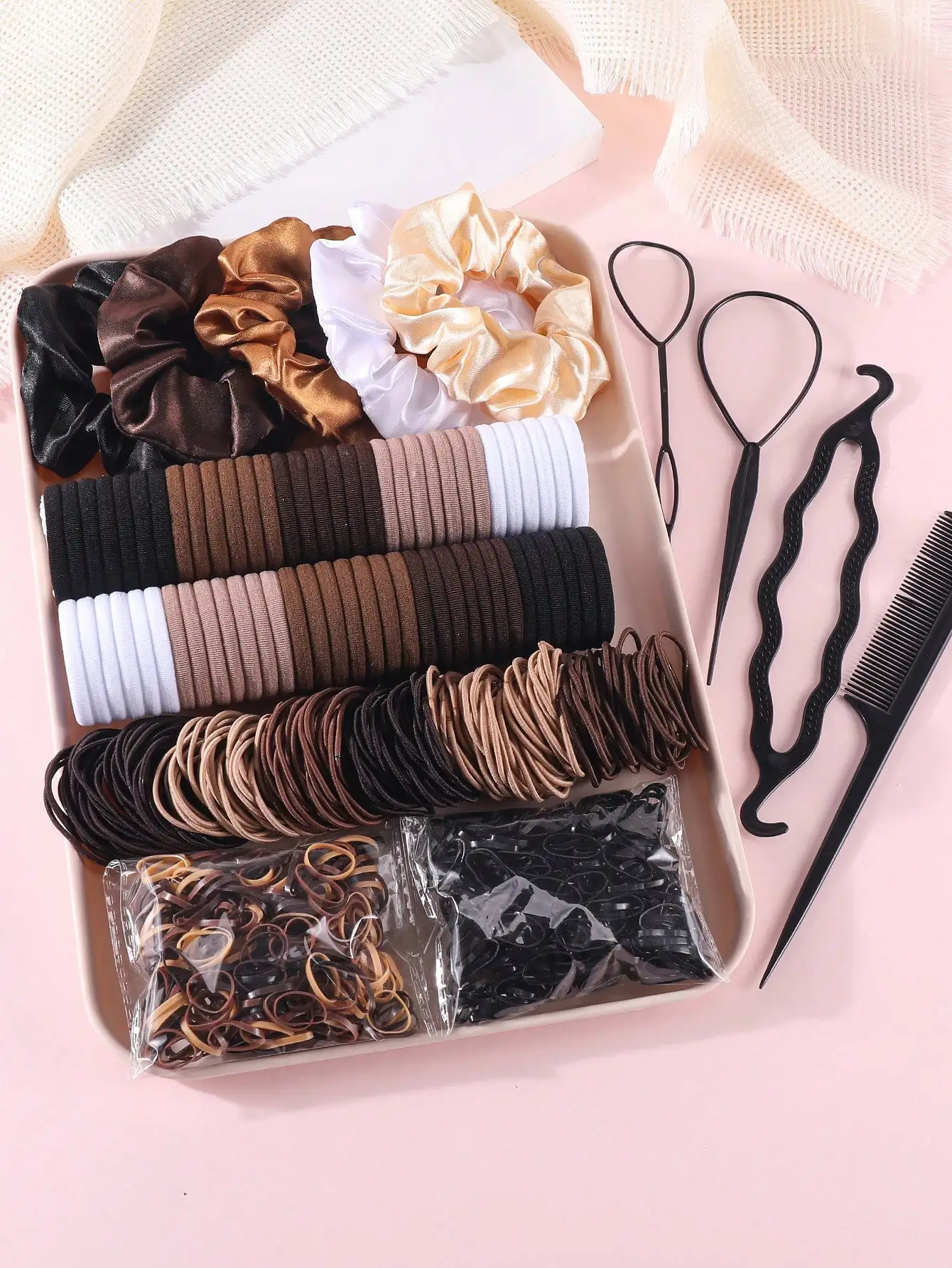 1109 Pcs Girls Hair Accessories Set, Basic Nylon Ponytail Holders Hair Ties, Black Brown Satin Hair Scrunchies, Neutral Color Elastic Rubber Bands Headbands, Braid Maker Of Hair Styling Tools Set Headwear Hair Accessories For Daily Use
1109 Pcs Girls Hair Accessories Set, Basic Nylon Ponytail Holders Hair Ties, Black Brown Satin Hair Scrunchies, Neutral Color Elastic Rubber Bands Headbands, Braid Maker Of Hair Styling Tools Set Headwear Hair Accessories For Daily Use