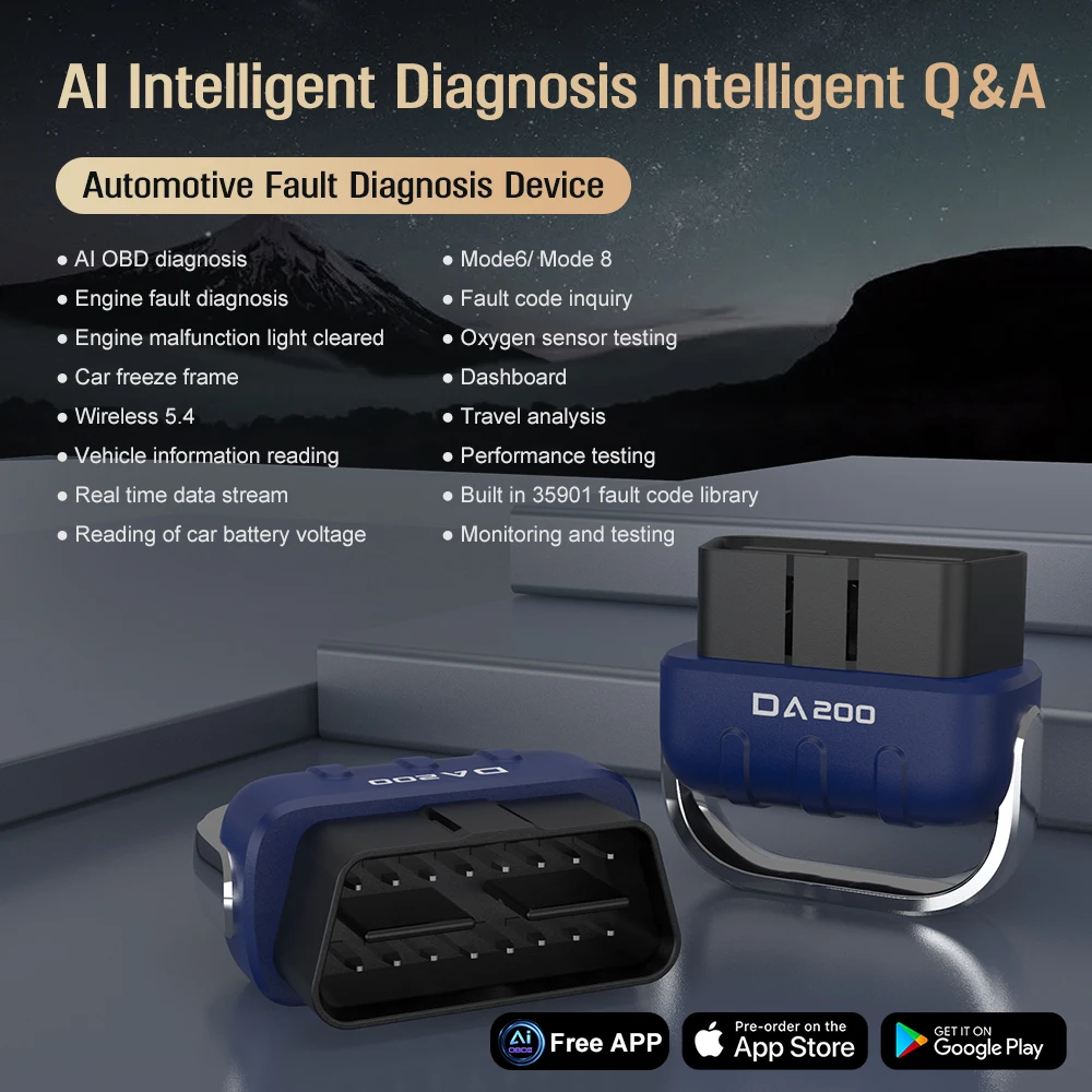 DA200 OBDII AI Автомобильный диагностический инструмент неисправностей Сканер считывания неисправностей двигателя 2025 Новейший ELM327 25K80 Bluetooth 5.4 для IOS Android
DA200 OBDII AI Автомобильный диагностический инструмент неисправностей Сканер считывания неисправностей двигателя 2025 Новейший ELM327 25K80 Bluetooth 5.4 для IOS Android