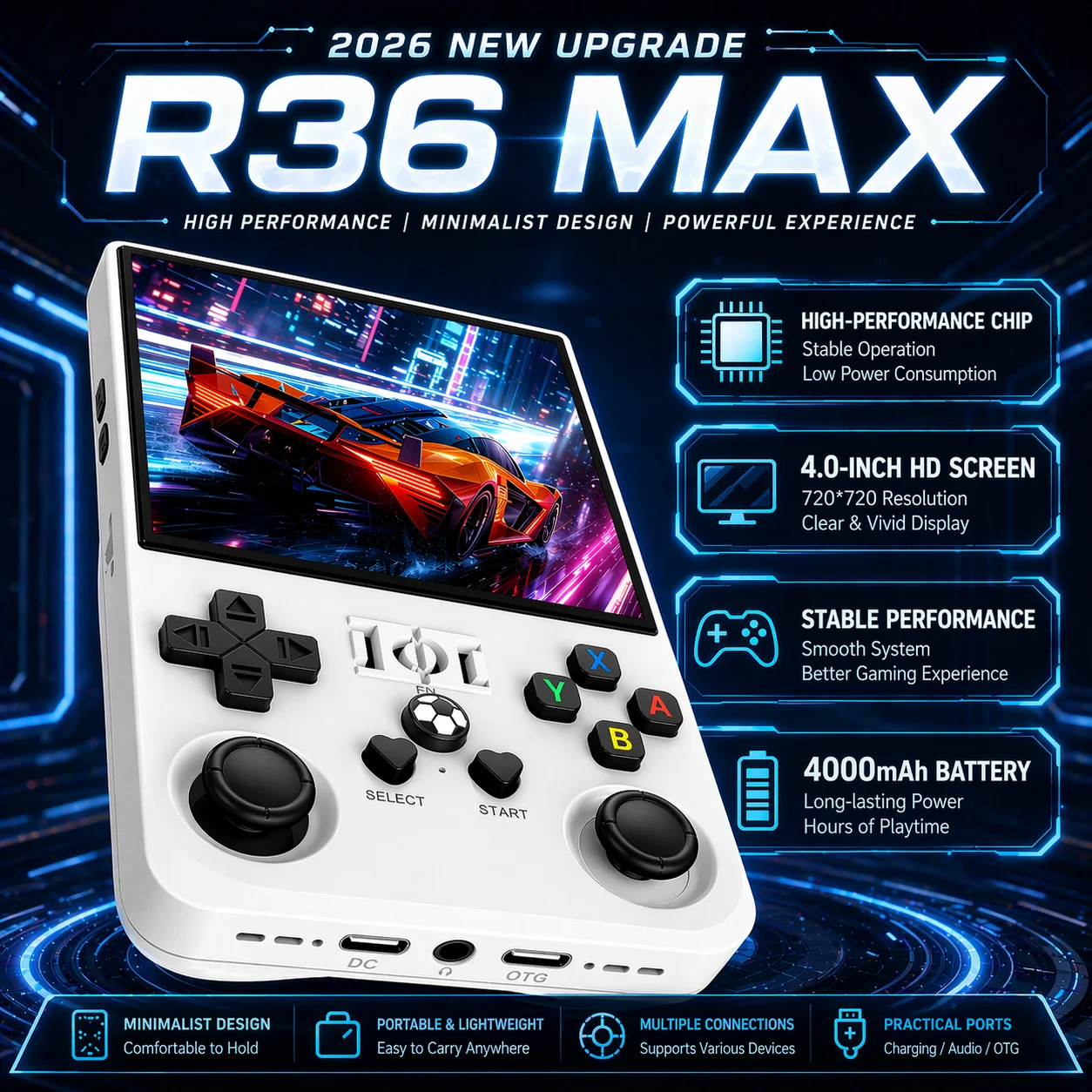 R36Max Handheld Game Console — Available in 5 Colors — Mini Handheld Console with 4.0-inch IPS Screen and USB Charging
R36Max Handheld Game Console — Available in 5 Colors — Mini Handheld Console with 4.0-inch IPS Screen and USB Charging