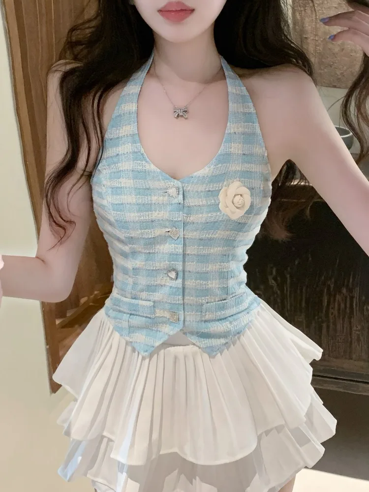 Sweet Checkered Set with 3D Flower Design White Puffy Skirt Pants And Neck Hanging Vest for Women Korean Style Commute Short ...
Sweet Checkered Set with 3D Flower Design White Puffy Skirt Pants And Neck Hanging Vest for Women Korean Style Commute Short ...