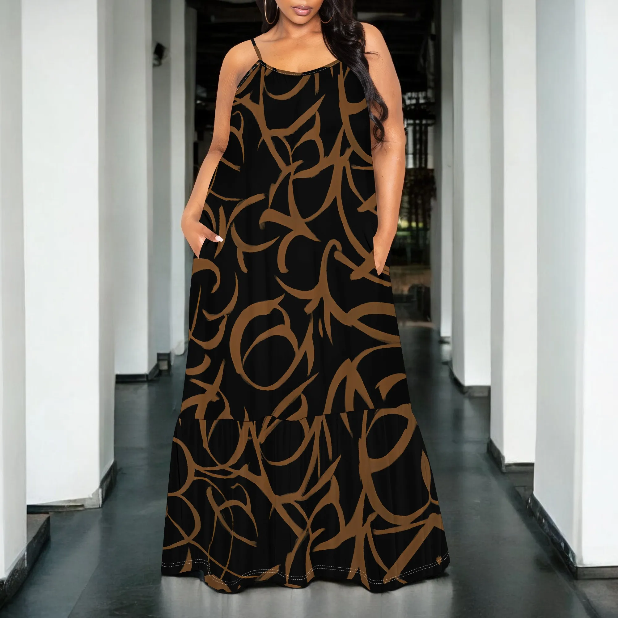 Brown Abstract Print Maxi Dress S-3XL Spaghetti Strap Loose Fit for Art Show, Casual Summer Look or Streetwear Style
Brown Abstract Print Maxi Dress S-3XL Spaghetti Strap Loose Fit for Art Show, Casual Summer Look or Streetwear Style