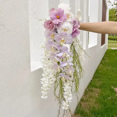 Advanced Purple Waterfall Simulation Flower Wedding Bridal Water Drop Flower Wedding Bouquet Holding Flower todo para boda