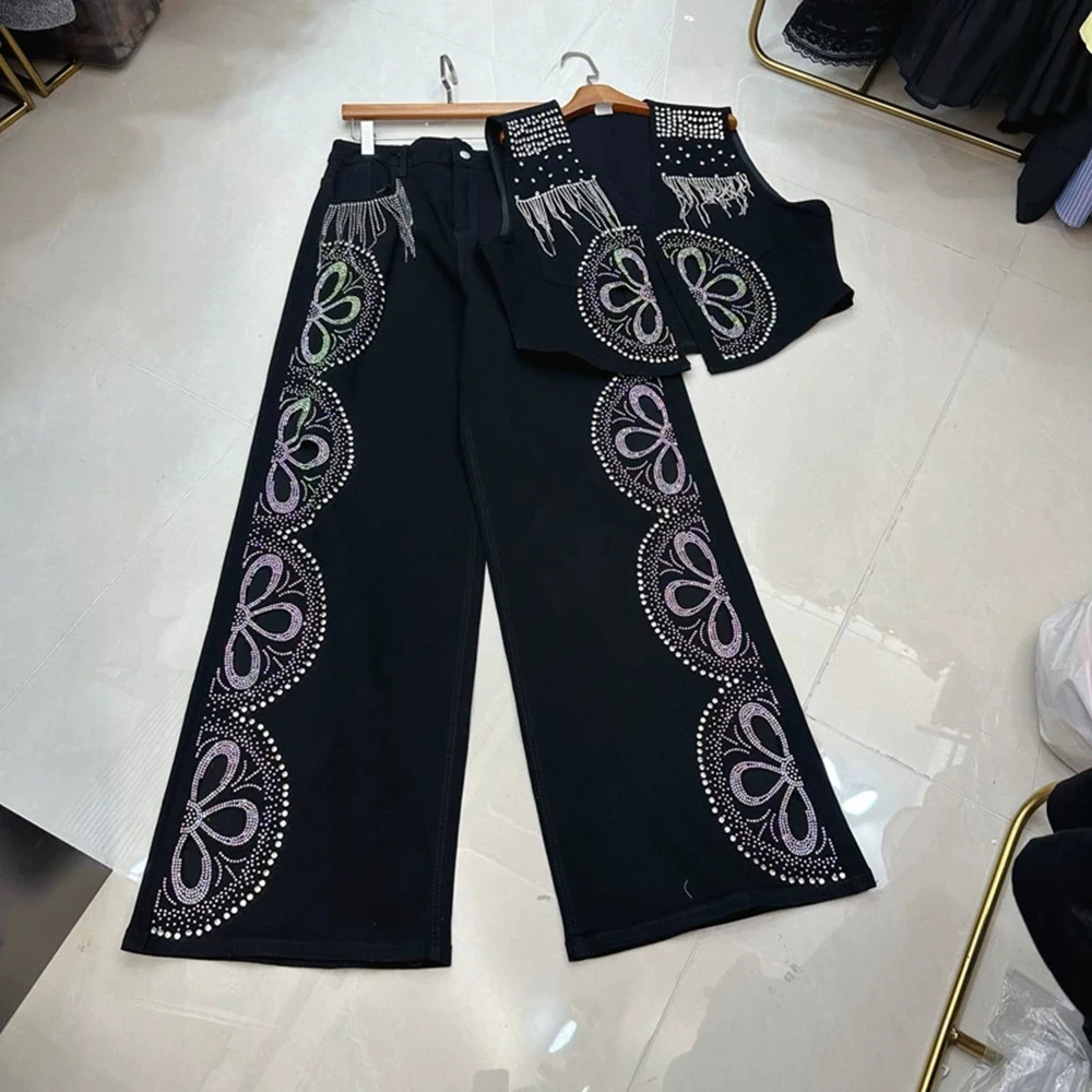 European, American and Australian design denim vests, new heavy-duty tassels, beading and rhinestone straight jeans-GZXX319 
European, American and Australian design denim vests, new heavy-duty tassels, beading and rhinestone straight jeans-GZXX319