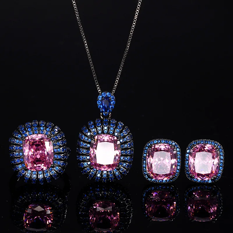 Pink High Carbon Diamond Micro Blue Cubic Zircon Black Gold Plated Pendant Necklace Stud Earrings Adjustable Ring Jewelry Set
Pink High Carbon Diamond Micro Blue Cubic Zircon Black Gold Plated Pendant Necklace Stud Earrings Adjustable Ring Jewelry Set