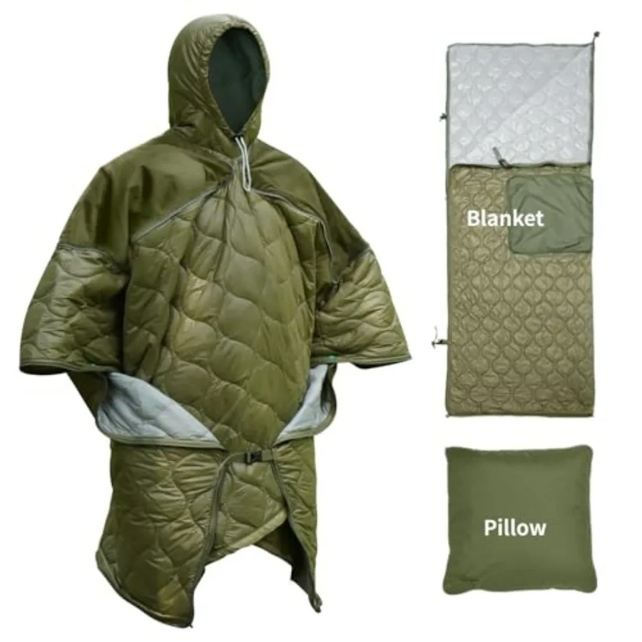 Wearable insulated sleeping bag for adult winter camping and hiking: polyester shell, gray color, hooded poncho design with the
Wearable insulated sleeping bag for adult winter camping and hiking: polyester shell, gray color, hooded poncho design with the