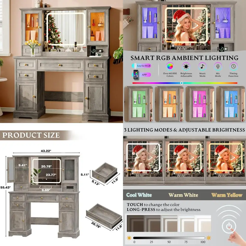 HD Lighted Mirror Vanity Desk with Power Outlet and Storage Drawers, Ideal for Large Bedrooms in Grey
HD Lighted Mirror Vanity Desk with Power Outlet and Storage Drawers, Ideal for Large Bedrooms in Grey