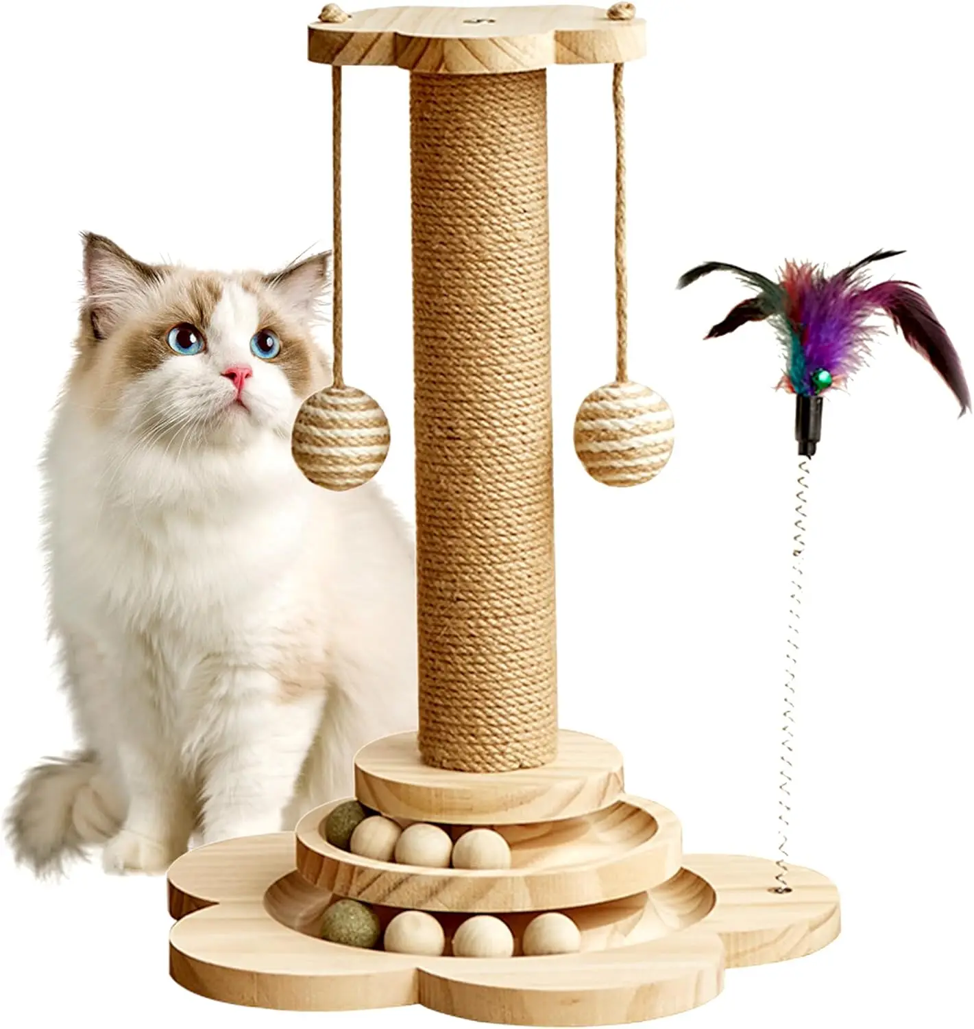 Cat Scratching Post, 4 in 1 Wooden Cat Scratcher Toy, 17.7" Tall Scratch Post with 2 Level Cat Track Balls, Interactive
Cat Scratching Post, 4 in 1 Wooden Cat Scratcher Toy, 17.7" Tall Scratch Post with 2 Level Cat Track Balls, Interactive