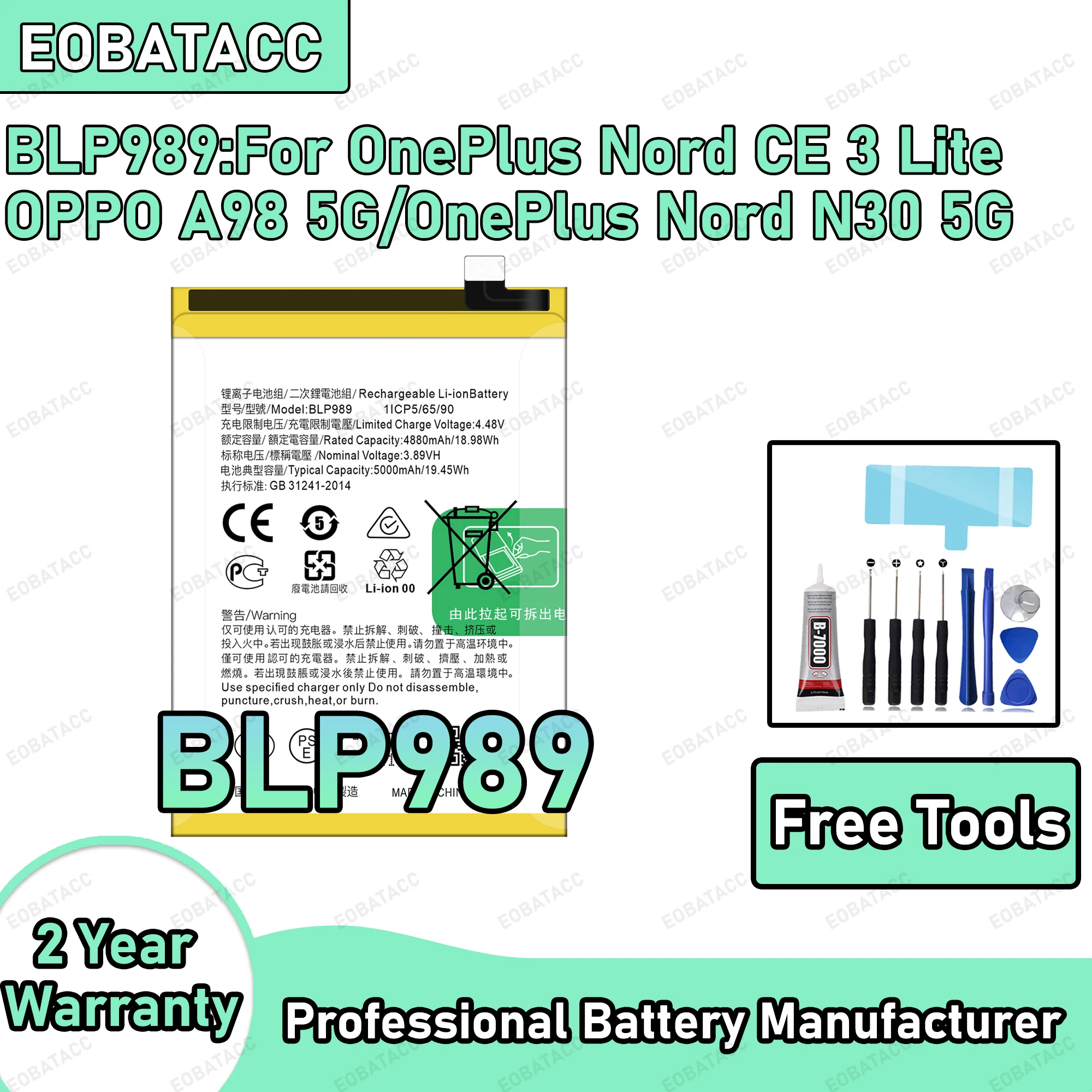 5000mAh 100% New BLP989 Battery For OPPO OnePlus Nord CE 3 Lite/A98 5G/OnePlus Nord N30 5G Replacement Bateria+Free Tools
5000mAh 100% New BLP989 Battery For OPPO OnePlus Nord CE 3 Lite/A98 5G/OnePlus Nord N30 5G Replacement Bateria+Free Tools