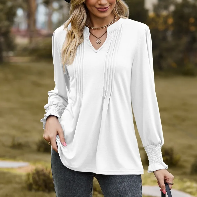 Повседневная Свободная одежда, топы, женские топы, Однотонная рубашка, осенняя Новая Элегантная Офисная Женская рубашка с длинным пышным рукавом и V-образным вырезом, блузы 28655 
Повседневная Свободная одежда, топы, женские топы, Однотонная рубашка, осенняя Новая Элегантная Офисная Женская рубашка с длинным пышным рукавом и V-образным вырезом, блузы 28655