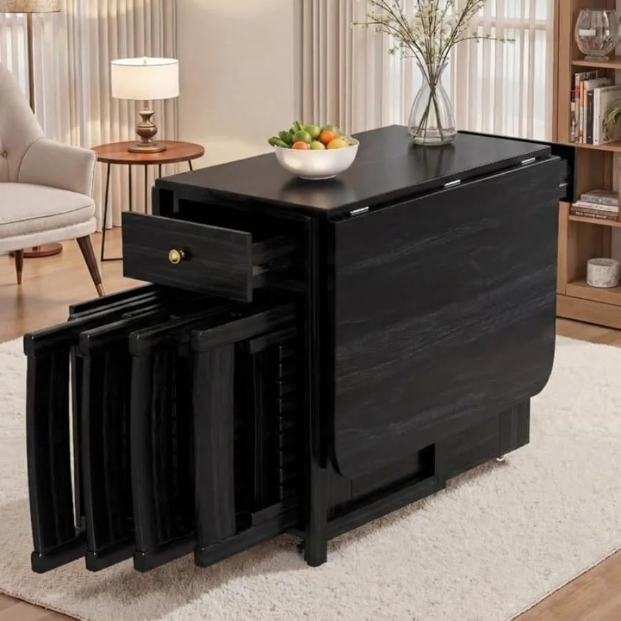 Drop Leaf Folding Table and Chairs - 59" Dining Room Table Set for 6 with Storage and Lockable Wheels, Fully Assembled Solid Wo
Drop Leaf Folding Table and Chairs - 59" Dining Room Table Set for 6 with Storage and Lockable Wheels, Fully Assembled Solid Wo