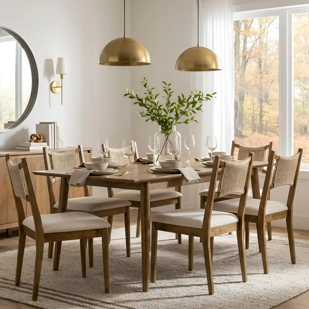 Set of 6 Fabric-Upholstered Dining Chairs with Woven Seagrass Back, Beige
Set of 6 Fabric-Upholstered Dining Chairs with Woven Seagrass Back, Beige